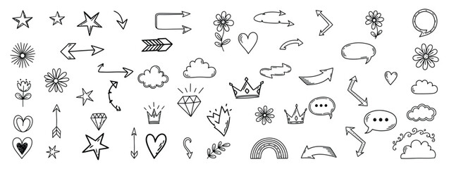 Naklejka premium Hand Drawn Doodle Elements Set With Star, Flower, Arrow, Cloud, Diamond, Heart, Crown, Rainbow for Decoration Design Vector Illustration.