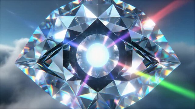 Majestic Diamond Eye Floating in Cloudy Sky Emitting Rainbow Light Beams