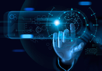 Robot hand interaction image. Robot hand touching the screen. Robot touch monitor.