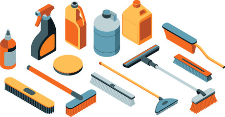 Isometric cleaning supplies illustration featuring brushes, mops, spray bottles, detergent containers, scrubbing tools, household cleaning equipment set for sanitation tasks