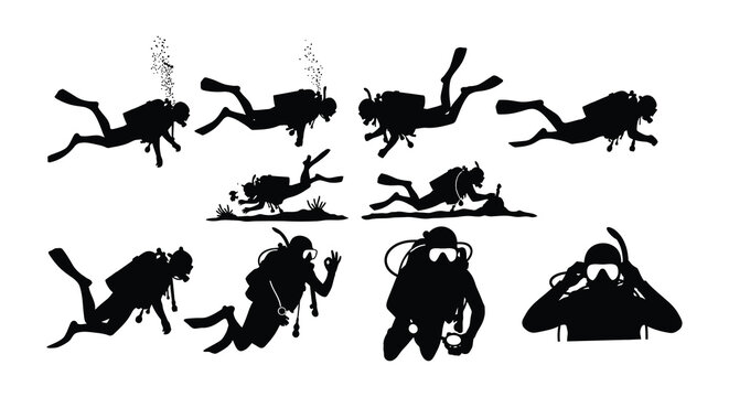 Silhouettes of scuba divers swimming and exploring underwater life