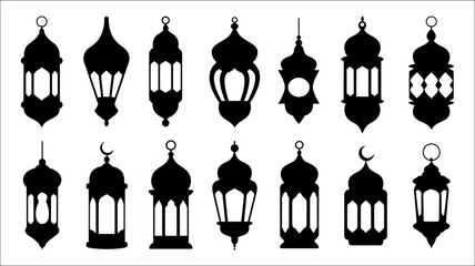  Elegant black Islamic Ramadan lantern silhouettes featuring diverse traditional designs and crescent moon details