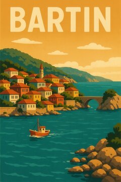 Artistic rendering of Bartın showing a small fishing boat near a vibrant coastal village with colorful houses, green hills, and a stone bridge under a warm sky