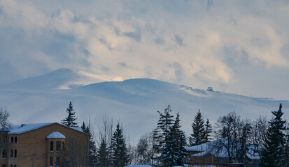 snow covered Gndevaz peak in Vardenis mountains scenic view from Jermuk valley (Vayots Dzor, Armenia)