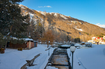snow covered Jermuk river, Yotnaghbyur Lake and Vardenis mountains in winter (Vayots Dzor province, Armenia)	