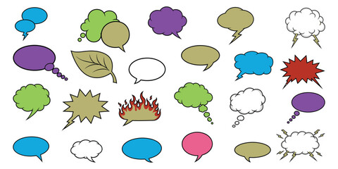 Various of speech bubbles in different shapes with black outline on transparent background for dialogue conversation communication and expression.