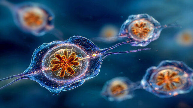 Cells or microorganisms with bright orange nuclei and transparent shells, connected by thin filaments. Biology, science, medicine.