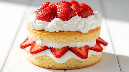 A delicious strawberry shortcake with whipped cream, layered with fresh strawberries, and a golden sponge cake.