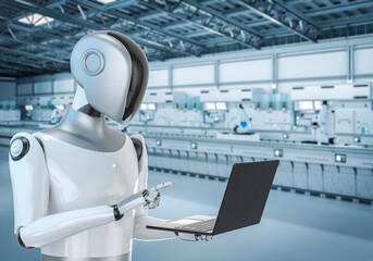 Robot work in a laptop. AI robot concept. Artificial intelligence. Robotic background image. Robot work in a office. 