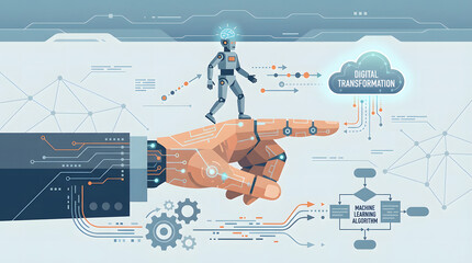 Robot walking on a giant hand pointing towards a cloud labeled digital transformation artificial intelligence