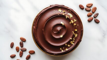A gourmet chocolate ganache cake with a spiral swirl, decorated with edible gold flakes and surrounded by cocoa beans on a marble surface.