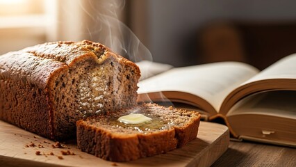 A loaf of freshly baked banana bread with a slice, topped with melting butter, next to an open book.
