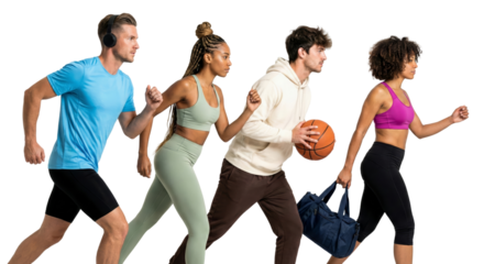 Diverse group engaged in athletic activities demonstrates teamwork and fitness promotion