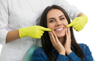 Dental professional showcasing radiant smile of a young woman during examination procedure on an