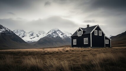 Isolated dark house in a dramatic moody landscape with snow capped mountains