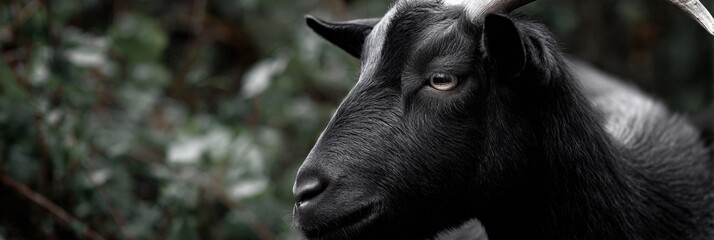 Close-up of black goat with curved horns in natural setting