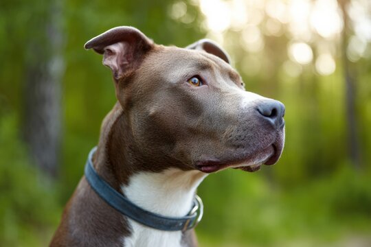 Profile of a brown pit bull terrier in a forest setting - Powered by Adobe
