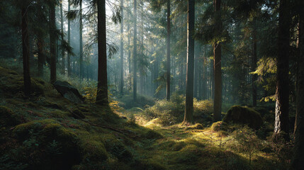 Obraz premium A forest scene with sunlight filtering through the trees creating a mystical atmosphere and mossy ground