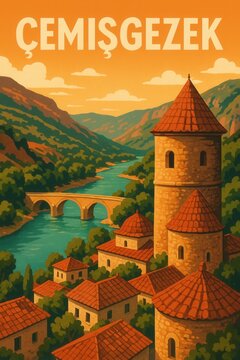 &Ccedil;emişgezek Turkey Retro Travel Poster - Historical Bridge and Architecture