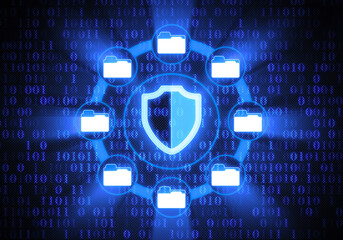 Secure System Shield. binary code technology background. 