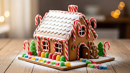 A beautifully decorated gingerbread house with candy canes and gumdrops sits on a wooden table evoking a festive christmas holiday spirit with soft bokeh lights in the background