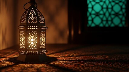Ornate lantern illuminates a decorative surface with geometric window in background