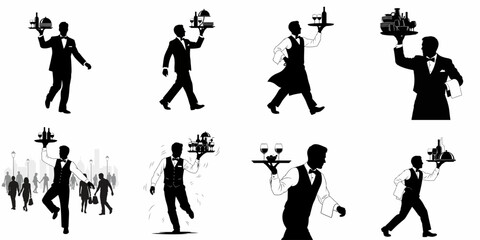 Vector silhouettes of waiters carrying trays with food and wine, depicting professional restaurant service, hospitality staff, catering, and delivery.
