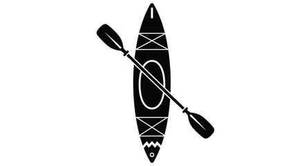 Simple black and white illustration of a kayak and its paddle