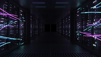 The server room, revealing bright data lines that stretch from wall to wall and between rows of server blocks. 3D Render