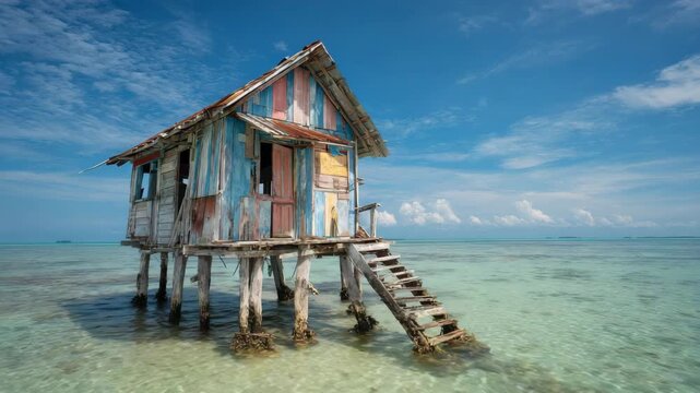 Dilapidated Wooden Stilt House Over Clear Turquoise Water Under Blue Sky with Fluffy Clouds On Sunny Day Weathered Multi Colored Home with Steps Over Tropical Water