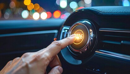 Hand pressing futuristic car dashboard dial showing “2026” with blurred bokeh lights in background.