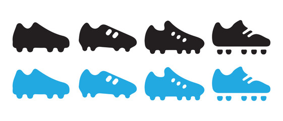 Football boots and soccer cleats icon set in black and blue designs.