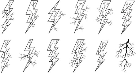 Black and White Thunderbolt with Branching Veins and Roots, Nature Meets Electricity Icon Set, Storm Energy, Tattoo Design Element, Vector Illustration on White