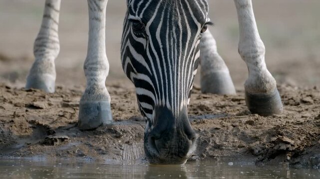 Ground-level close-up of a thirsty zebra drinking at a waterhole in Botswana, legs splayed and head lowered, captured on a hot day in the African wilderness.