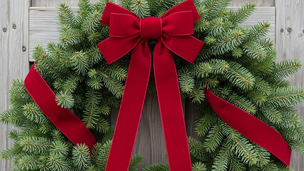 Festive red velvet bow adorning a lush green christmas tree with rustic wooden background perfect for holiday decorations and seasonal celebrations