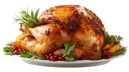 Roasted Thanksgiving turkey on a platter with herbs, garnish, and festive table d?cor isolated on white background