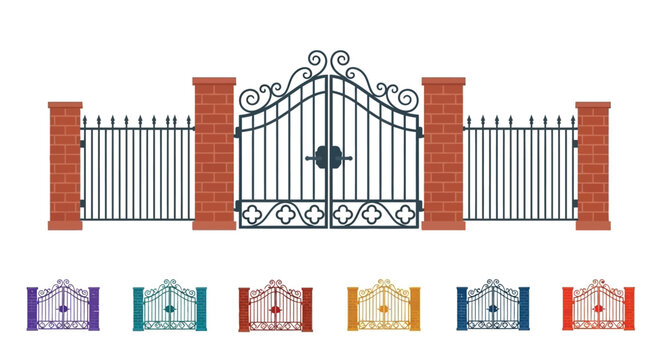 Elegant wrought iron gate with brick pillars and color variations displayed