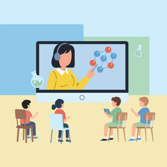 Teacher in Lab Coat Presenting Molecule Structure to Students via Laptop