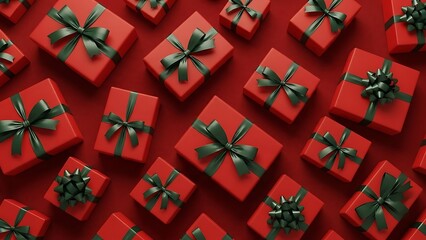 Overhead view of many red gift boxes tied with green ribbons