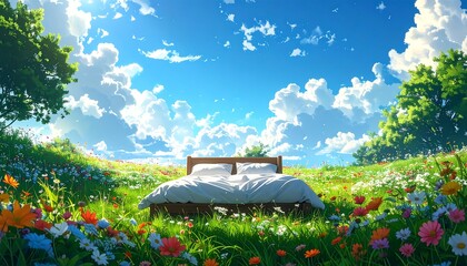 Bed in meadow, colorful flowers, blue sky, puffy clouds. A peaceful and surreal dreamscape. Serene and vibrant colors abound