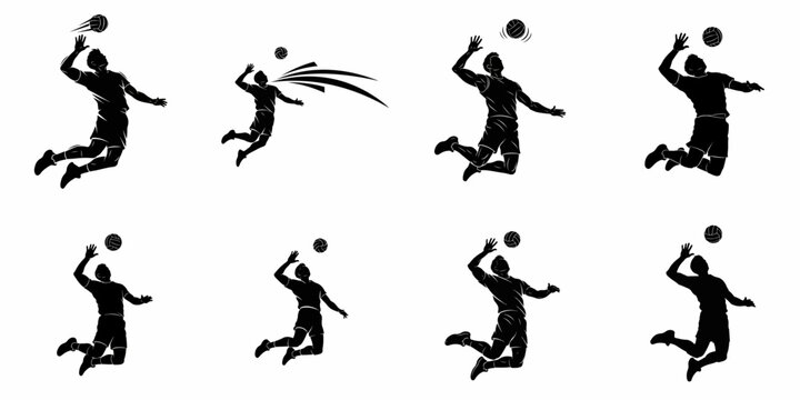 Eight vector silhouettes of volleyball players jumping to spike the ball, showcasing dynamic attack actions in black and white isolation.