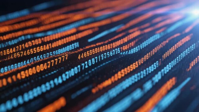 Dynamic flow of digital information represented by glowing blue and orange numbers streaming across a dark futuristic matrix background