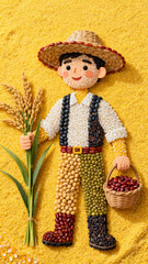Cartoon farmer image of a grain piled up
