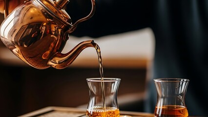 Pouring hot tea from a copper teapot into traditional glasses