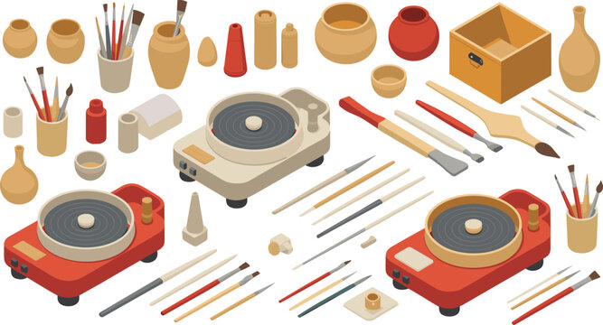 Isometric pottery studio set featuring wheels, sculpting tools, brushes, clay vessels, carving instruments and crafting equipment for ceramics workshop illustration - Powered by Adobe