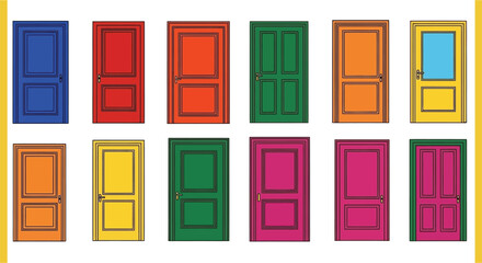Colorful doors arranged in a grid pattern showcasing various hues and styles