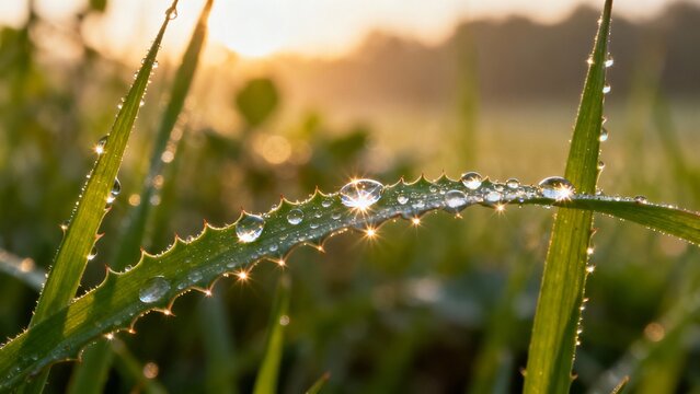 Morning dew on grass blades sparkling in warm sunrise light - Powered by Adobe