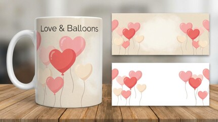 modern mug wrap template for valentines day illustration template featuring balloons in heart shapes floating upward on light neutral background with soft vignette