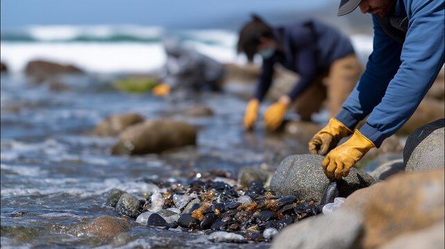 Ocean waves pushing plastic debris toward a rocky shoreline, volunteers in gloves gathering litter under the bright midday sun — environmental pollution, coastal cleanup, and marine conservation - Powered by Adobe