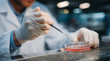 A researcher using a sterile inoculation loop to streak bacteria across an agar plate, gloved hands steady under a laminar flow hood — aseptic technique, controlled lab environment, and